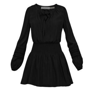 Ramy Brook Black Long Sleeve Smocked Waist Dress Lace Detail Sleeves - Medium